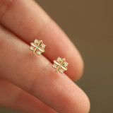 S925 Sterling Silver Plated 14k Gold Stud Earrings for Women Rhombus Zirconia Cross Flower Temperament New Earrings Ear Jewelry