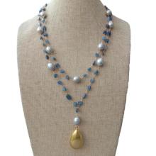 KKGEM Natural 7x8mm Blue Kyanite Freeform 12x14mm Gray Rice freshwater Pearl statement Wrap Necklace