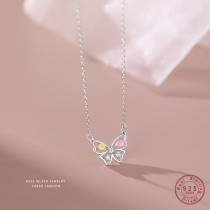 925 Sterling Silver Korean Sweet Colored Zircon Butterfly Pendant Necklace for Women Girl Wedding Party Jewelry