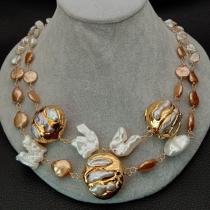 KKGEM 20 -23    2Strands white keshi pearl 12x13mm Gold Coin pearl  Gold color Edge Wrap Pearl Wrap statement Necklace