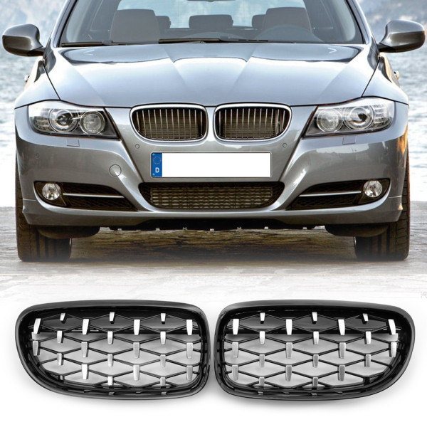 1 Pair Left+Right Chromed Black Diamond Kidney Grille Replacement for BMW E90 E91 3 Series Facelift 2008-2011 Car Modified Parts