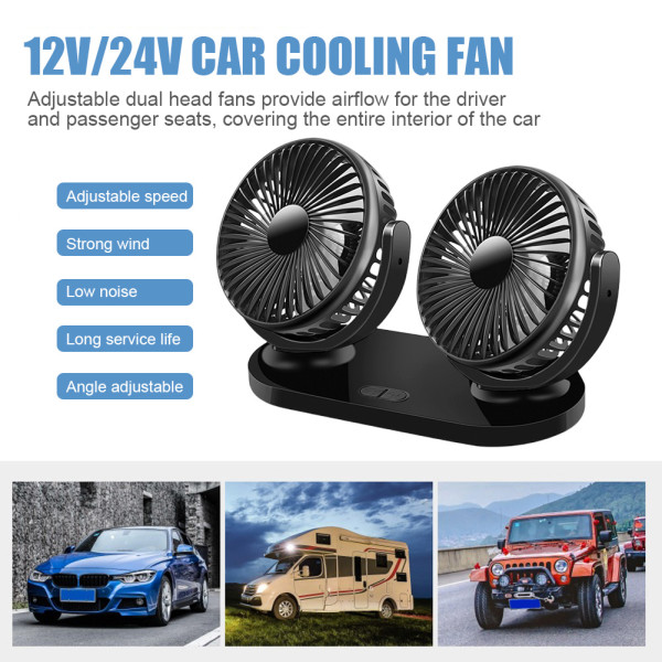 5V USB Car Fan Cooling Portable Desk Fan Dual Head 3 Speeds Adjustable Rotatable For 12V/24V Auto Cooler Air Fan Car Accessories