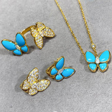 Luxury Brand Jewelry 925 Sterling Silver Blue Turquoise Butterfly Necklace Earrings Women's Set Fashion Temperament Party Gift