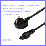UK Singapore Malaysia Power Extension Cable Cord Plug BS1363 to IEC320 C5 For Laptop Charger LCD TV adapter GamePlayer,Printer