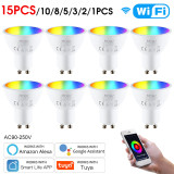 1-15PCS Tuya WIFI GU10 Smart Dimmable Bulb RGBCW 90-250V LED Light Bulb Smart Life App Control Support Alexa Google Home Alice