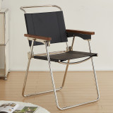 Scandinavian Retro Dining Chair Household Modern Simple Stainless Steel Saddle Leather Folding Backrest Chair Armchair