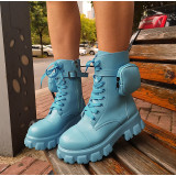 Women's Boots Pocket Lace up Ladies Motorcycles Boots Female Combat Runway Buckle Strap Zipper Ankle Boot Woman Platform Shoes