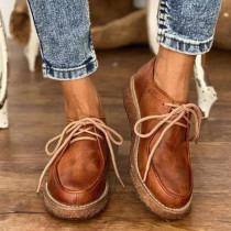 Retro Women Loafers Pu Leather Lace Up Female Flat Shoes Autumn Outdoor Thick Sole Non-slip Casual Shoes For Ladies Plus Size