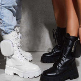 Women's Boots Pocket Lace up Ladies Motorcycles Boots Female Combat Runway Buckle Strap Zipper Ankle Boot Woman Platform Shoes