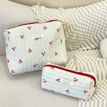 Quilted Cotton Ladies Travel Storage Bag Retro Cherry Women's Cosmetic Bags Cute Design Girls Pencil Case Makeup Bag Handbags