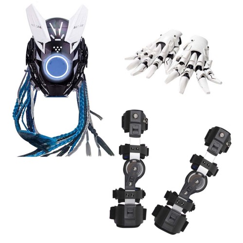 TacticalXmen Cyberpunk Round Blue Light Mask With Gloves And Wrist Armor For Carnival Parties