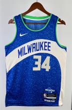 NBA Men 2023 Milwaukee Bucks Blue City Edition #34 ANTETOKOUNMPO Jersey High Quality Name and Number Print