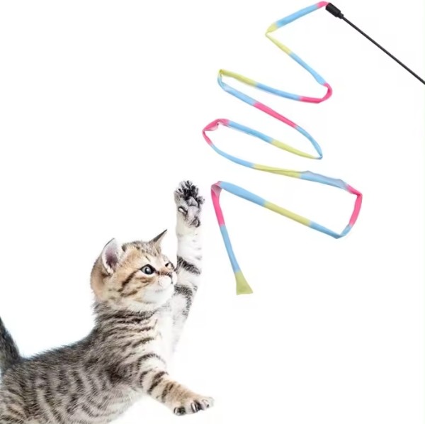 Pet cat toy double sided printed ribbon rainbow cloth tease cat stick