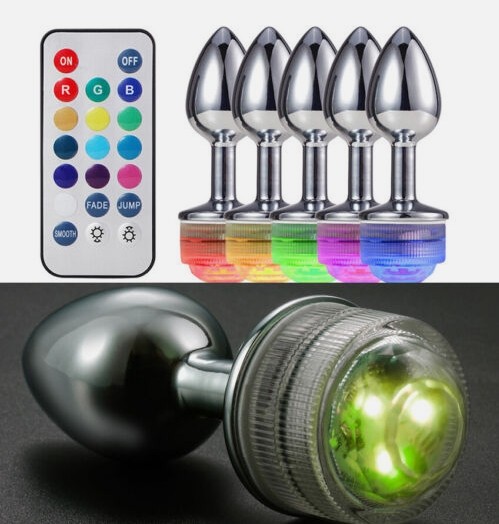 LED Anal plug Stainless Steel Jewel Butt Plug Anal Foxtail Furry RGB with Remote
