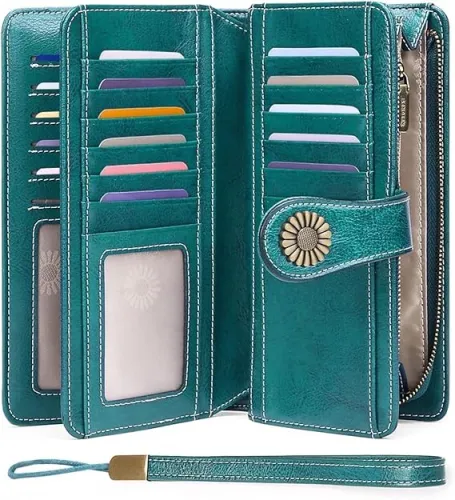 LAGEFEFE Wallets for Women Genuine Leather Credit Card Holder with RFID Blocking Large Capacity Wristlet