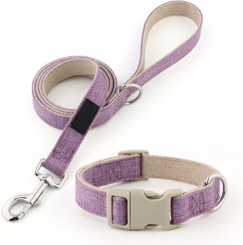 LAGEFEFE Pet products Cotton Hemp Dog Collar and Leash Set, Adjustable Collar for Small, Medium, and Large Dogs, Heavy Duty and Soft on Skin, Lavender