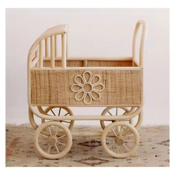 INTGAMX Beautiful Handmade Wicker Rattan Dolls beds Pram  With Mattress Perfect Dolls Pram for Your Child, Gift and Keepsake Kids Toys