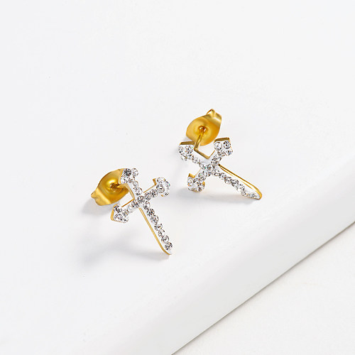 Cross Crystal Paved Stud Earrings -SSEGG143-13101-G