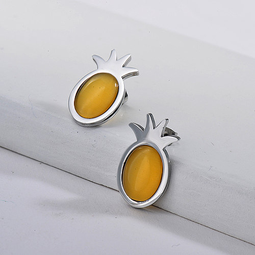 Gemstone Pineapple Earrings in Stainless Steel -SSEGG143-15977-S