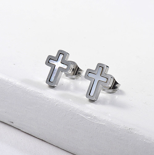 Cross Shell Monther of Stud Earrings -SSEGG143-8747