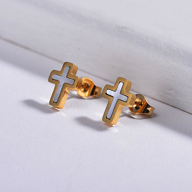 Cross Shell Monther of Stud Earrings -SSEGG143-8768