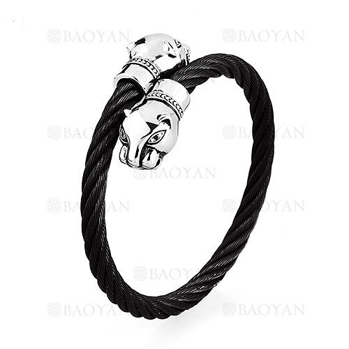 pulsera cable negro con punta cabeza leopardo en acero plateado inoxidable -SSBTG1145298