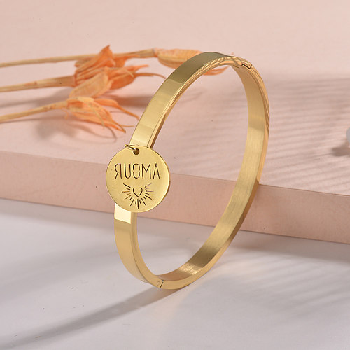 Fashion Ladies Gold Stainless Steel Solid Bracelet with Round AMOR Pendant