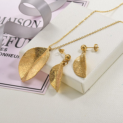 Stainless Steel  Gold Plated Leaf Necklace Earring Jewelry Sets