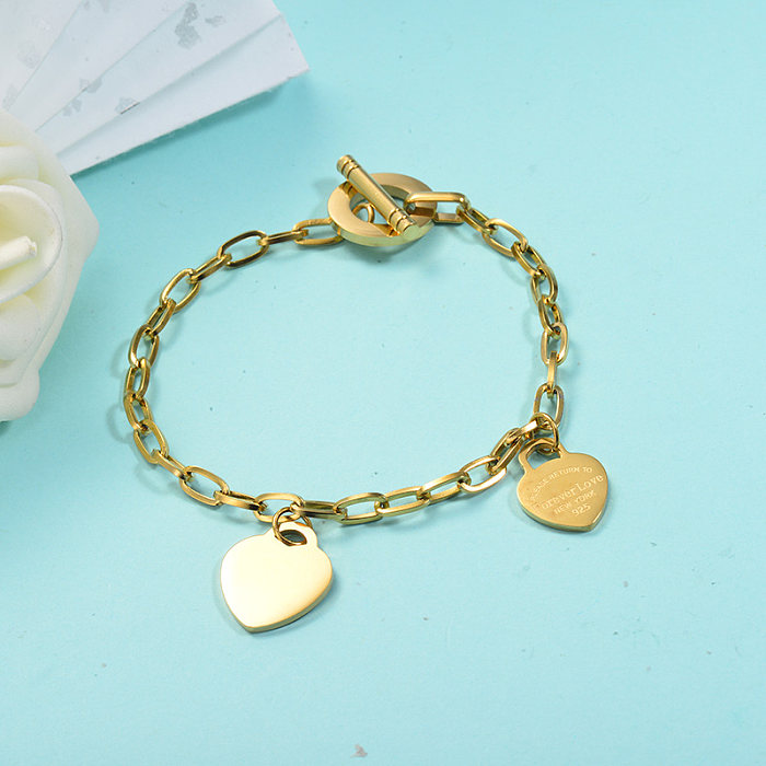 Rectangle Shape Link Chain OT Clasp Gold Plated Heart Lock Charm Bracelet