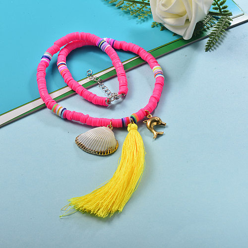 Bohemia Jewelry Natural Shell Pink Colorful Beaded Yellow Long Tassel Choker Necklace