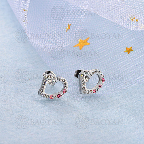 Silver Stainless Steel  Heart Crystal Stud Earrings