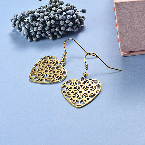 Gold Plated Jewelry Stainless Steel French Style Hollow Out Heart Earrings