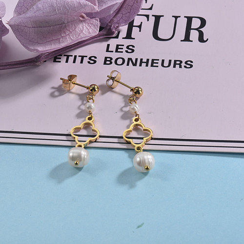 Gold Plated Jewelry  Stainless Steel Pearl Drop Earrings