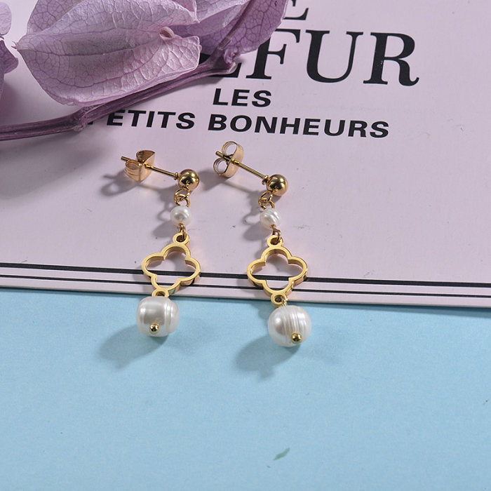 Gold Plated Jewelry  Stainless Steel Pearl Drop Earrings