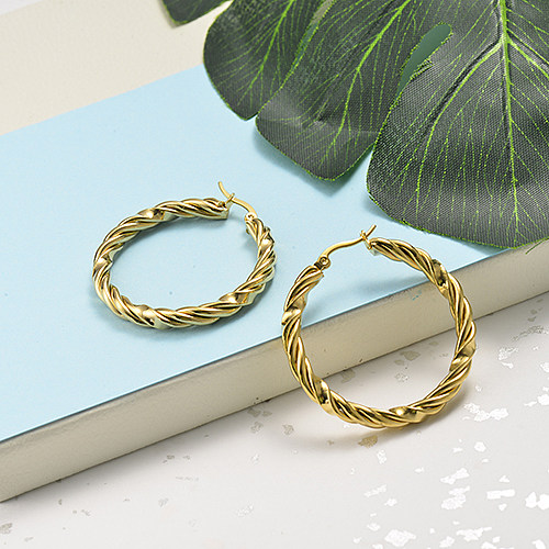 Gold Plated Jewelry Twist Design Stainless Steel Hoop Earrings