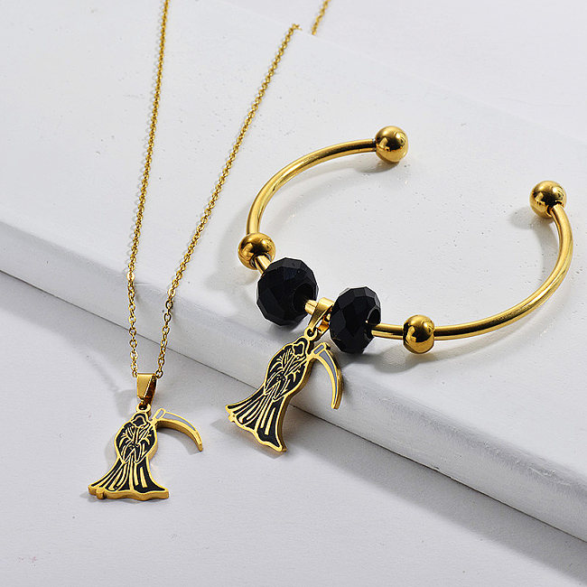 Stainless Steel  Gold Plated Necklace Bangle Women Jewelry Set