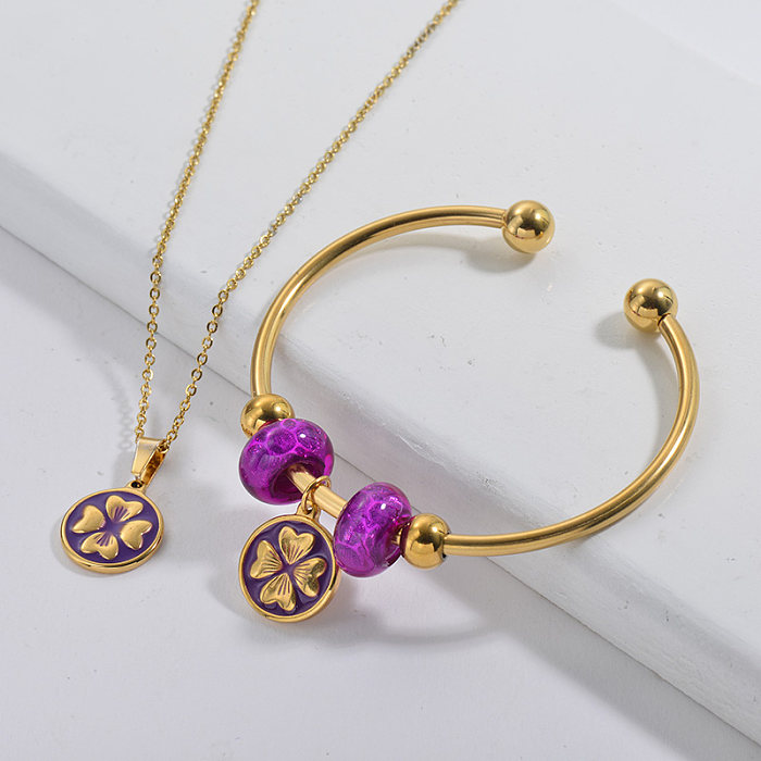 Stainless Steel Famous Brand Gold Plated Flower Neckalce Bangle Set