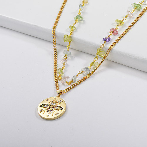 Gold Bee Round Pendant With Colorful Natural Stone Layer Necklace For Summer