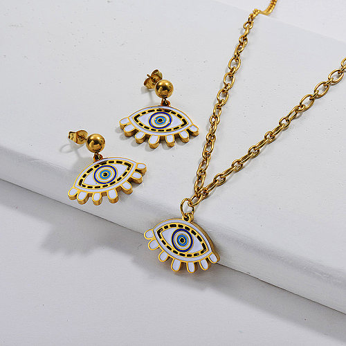 Wholesale Stainless Steel Gold Plated Eye Necklace Earrings Fine Jewelry Set