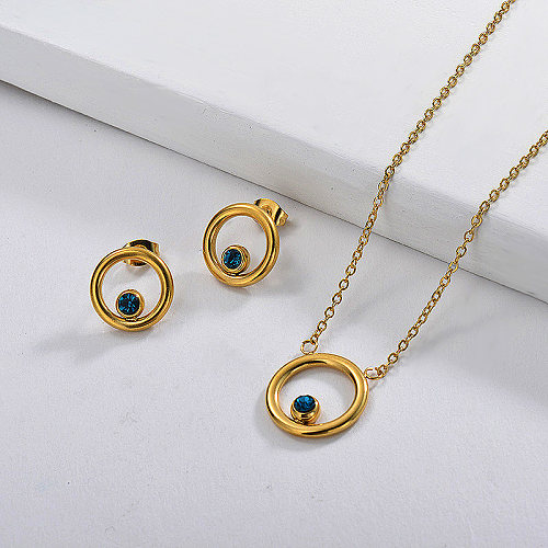 Conjunto de brincos de colar anel de cristal de zircão azul em aço inoxidável banhado a ouro