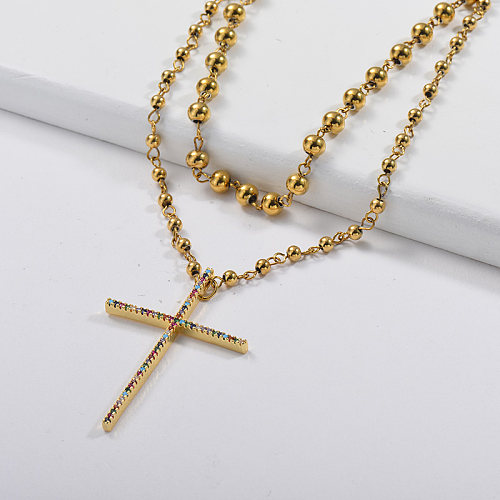 Pingente de cruz de zircão colorido com colar de camada de elo de corrente com contas de ouro