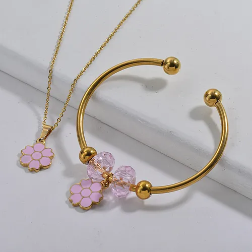 Stainless Steel Famous Brand Gold Plated Flower Neckalce Bangle Set