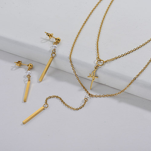 Wholesale Stainless Steel Gold Plated Long Necklace Earrings Set