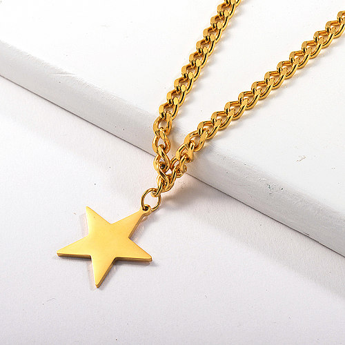 Fashion Gold Lucky Star Pendant Statement Curb Link Chain Necklace