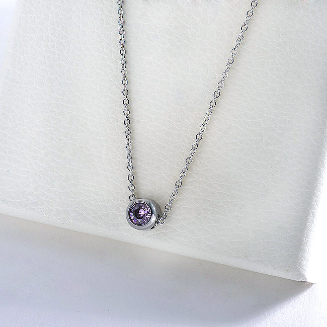 Simple Silver Pink Zirconia Charm Necklace For Women