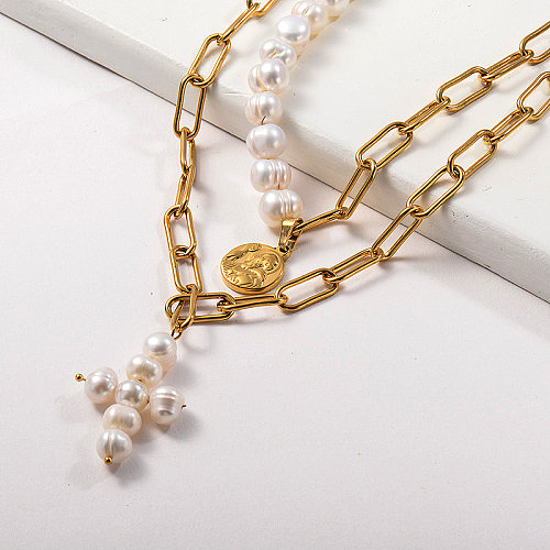 Collar de cadena de eslabones ovalados con cuentas de perlas de agua dulce con colgante religioso dorado de acero inoxidable