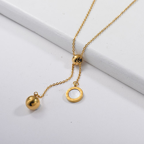 Gold Ball With Shell Round Pendant Lariat Necklace
