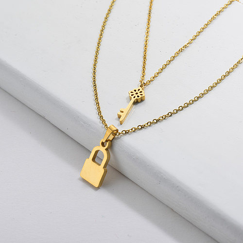 Cheap Gold Key Lock Charm Layer Necklace