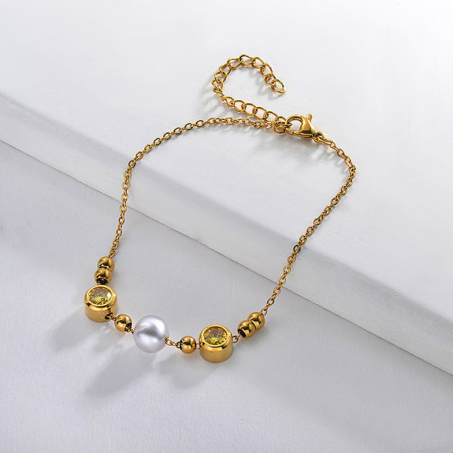 Bracelet en acier inoxydable doré avec perles et pendentif zircon jaune