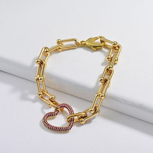 Popular pulseira em forma de U, pingente de cobre em forma de coração de zircão vermelho